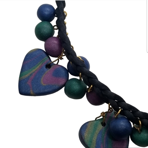 VINTAGE CLAY HEART PENDANTS & BEADS CORD STYLE NECKLACE - Picture 5 of 6